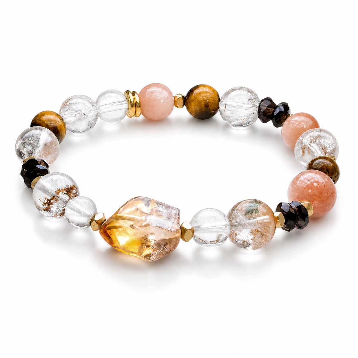 Golden Seasons | Citrine, Peach Moonstone, Rutilated Quartz, Phantom Quartz & Tiger’s Eye | Crystal Bracelet