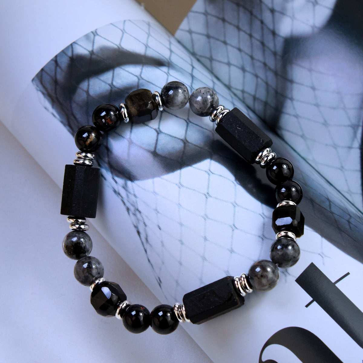 Into the Deep | Black Tourmaline × Obsidian × Blue Flash Larvikite  | Couple Crystal Bracelet