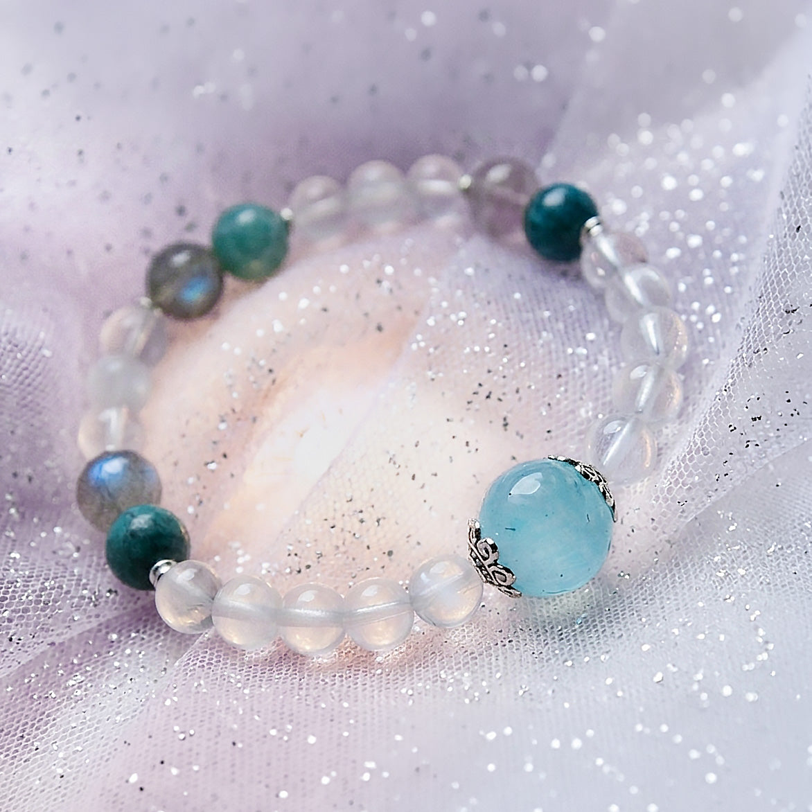 Jhumen Blue Apatite, Labradorite, White Phantom Quartz, Aquamarine natural crystal bracelet