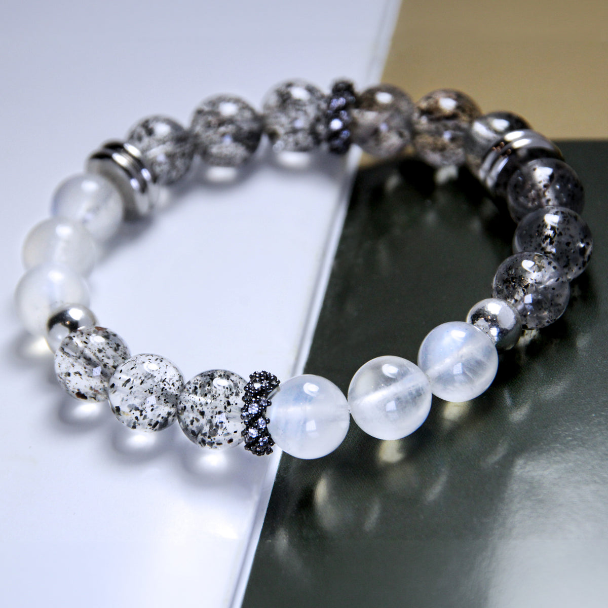 Jhumen crystal bracelet Black Strawberry Quartz, Moonstone crystal bracelet