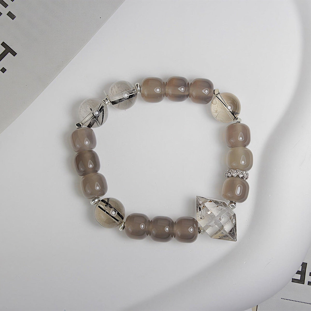 Jhumen cyrstal bracelet Phantom Quartz Gray Chalcedony Black Rutilated Quartz beaded bracelet