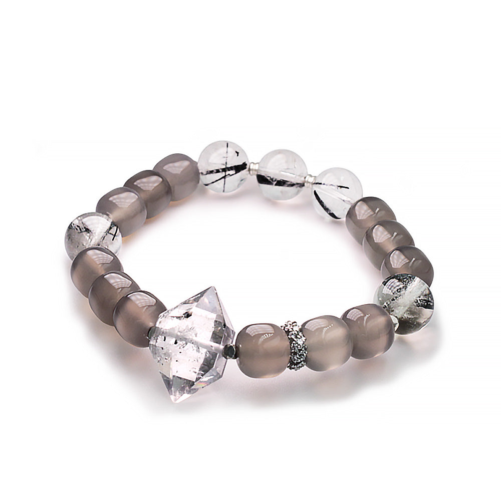 Jhumen gemstone bracelet Phantom Quartz Gray Chalcedony Black Rutilated Quartz beaded bracelet