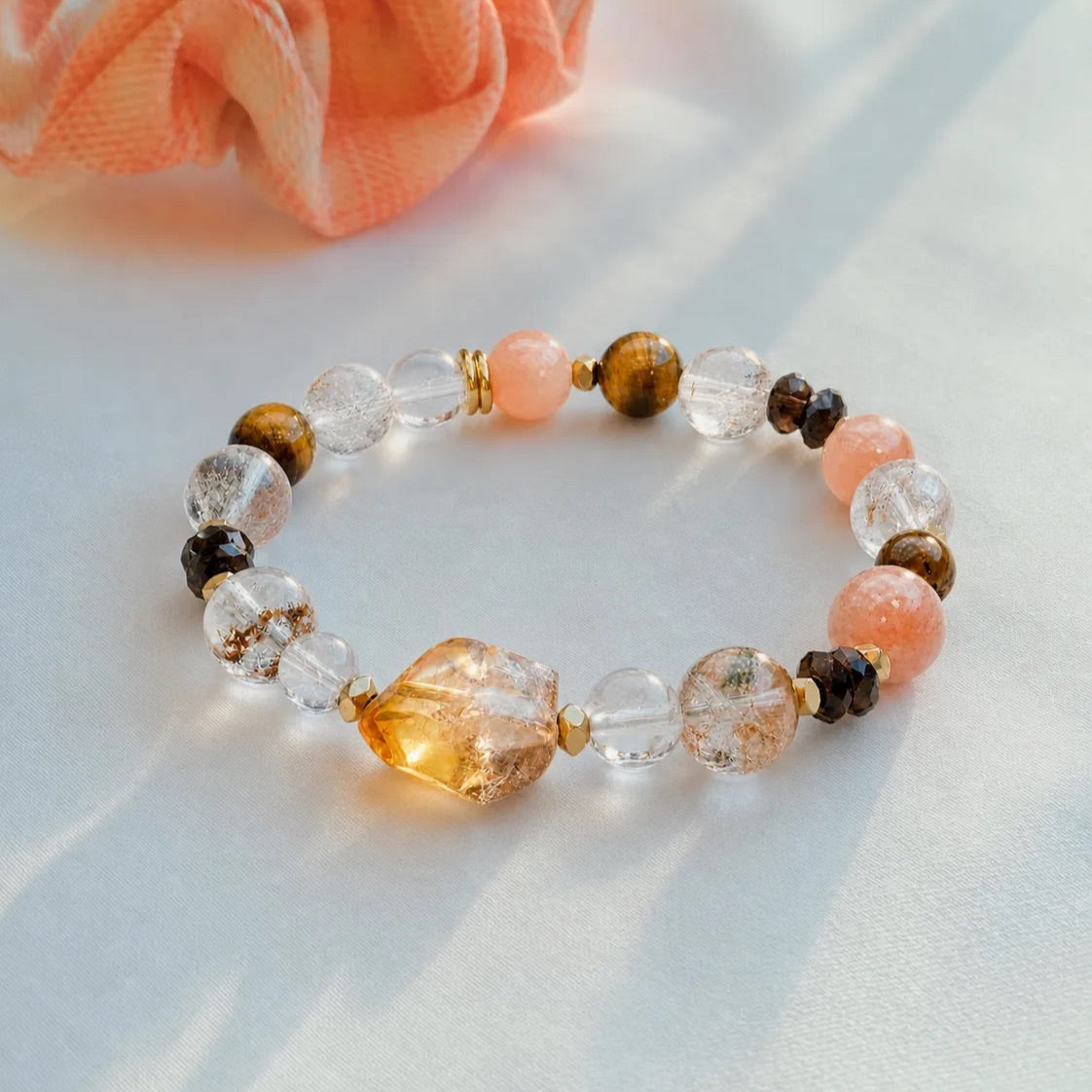 Golden Seasons | Citrine, Peach Moonstone, Rutilated Quartz, Phantom Quartz & Tiger’s Eye | Crystal Bracelet